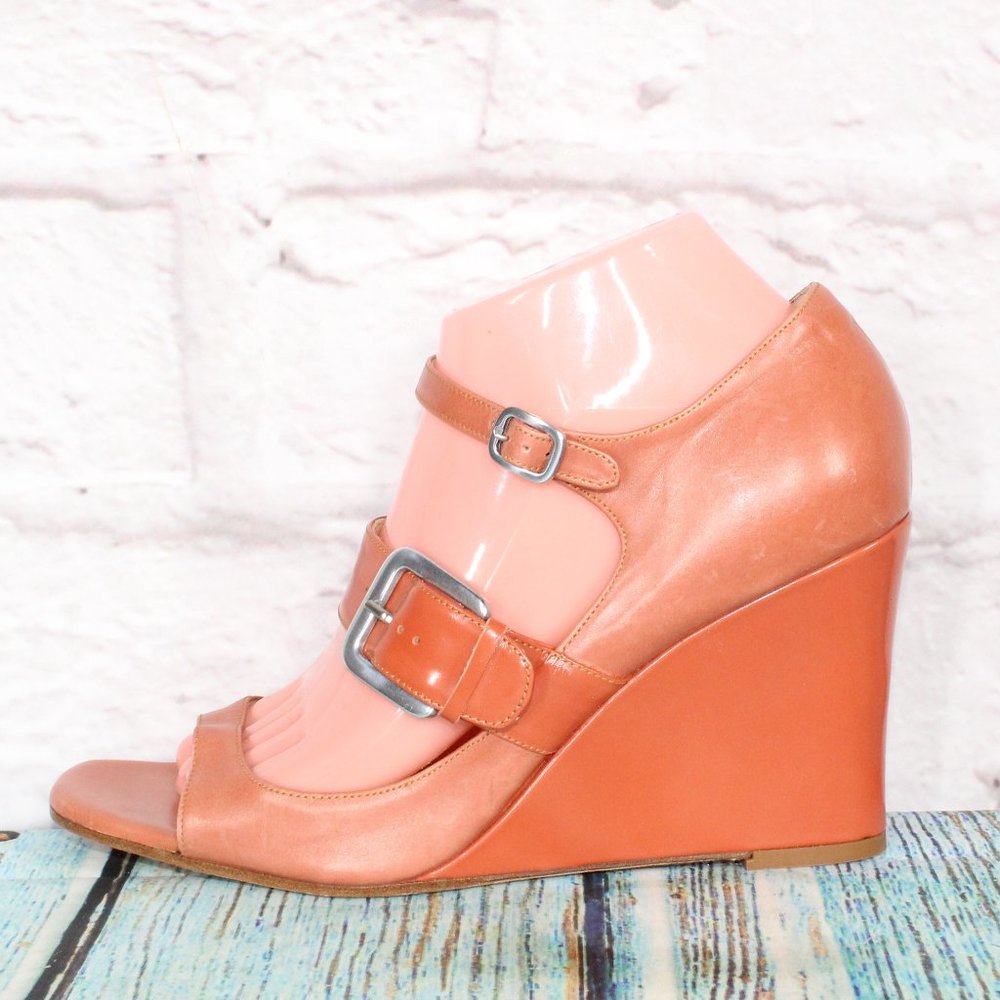 Cole Haan Peach Leather Ankle Strap Open Toe Wedge Platform Sandals 9 B - Picture 1 of 7